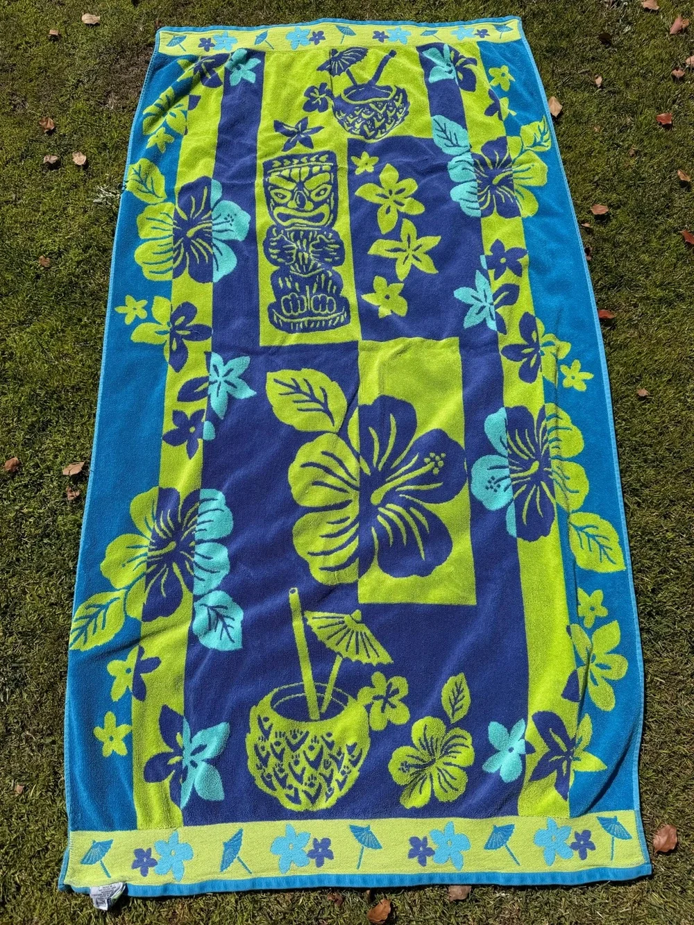 Kirkland Hawaiian Tiki Hibiscus Egyptian Cotton Lrg Beach Towel Blue Green 36x66